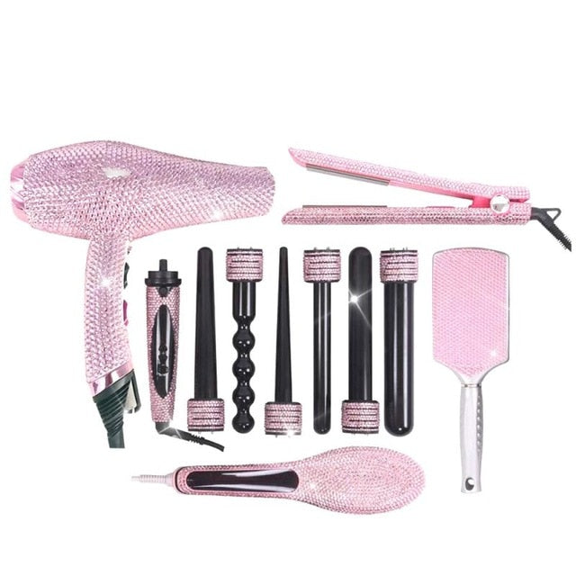 Crystal Hair Hot Tools Bling Bling Crystal Hair straightener Diamond Curling wands Kit Crystal Hair Blow Dryer Electric Brush