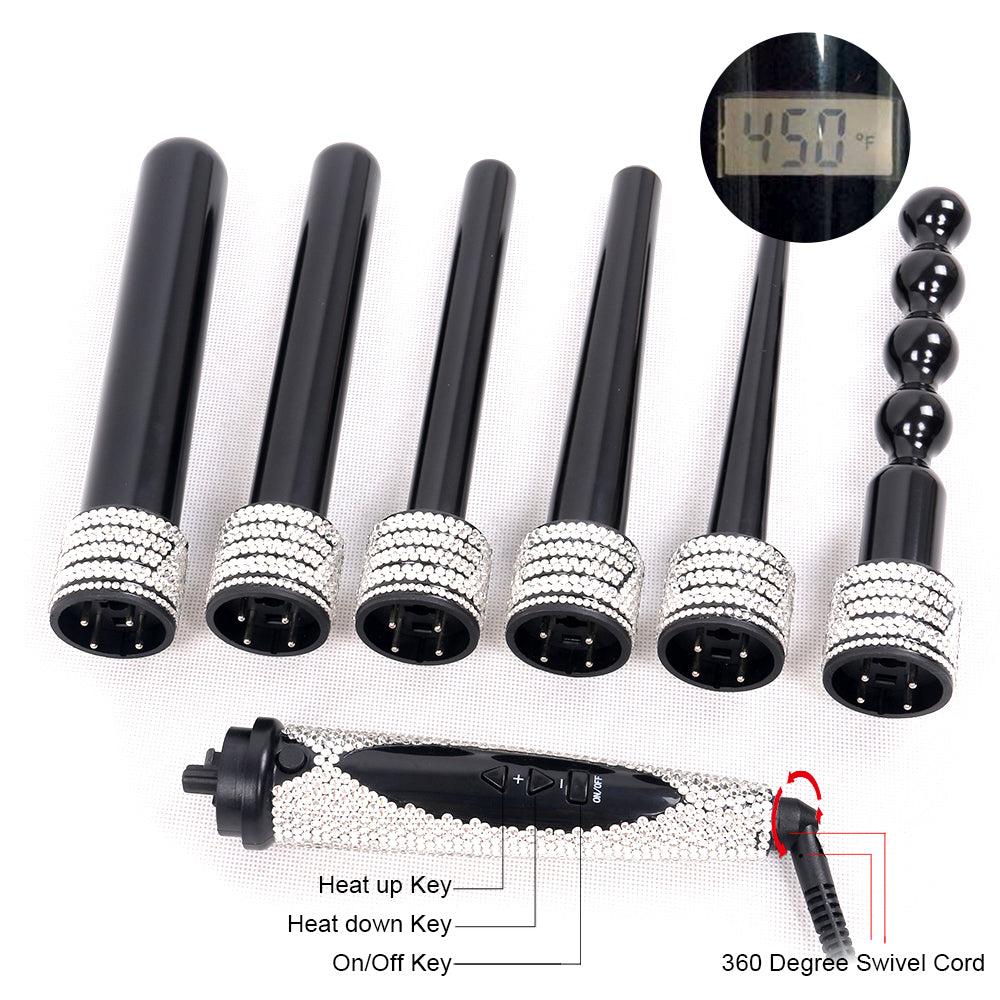 Crystal 6 IN 1 Hair Curling Iron Diamond Hair Curler Wand Set Ceramic 6 IN 1 Interchangeable Barrels Bling Hair Styling Hot Tool