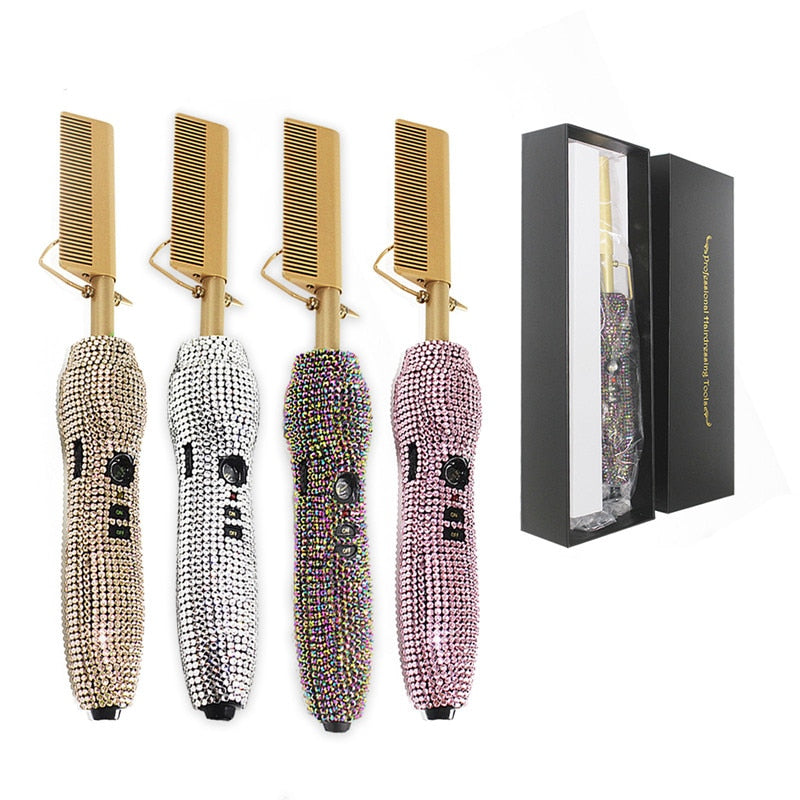 Hot Comb Rhinestone Hair Straightener Comb Flat Iron with 5 Temperature Settings for Home Salon Wet Dry Hair