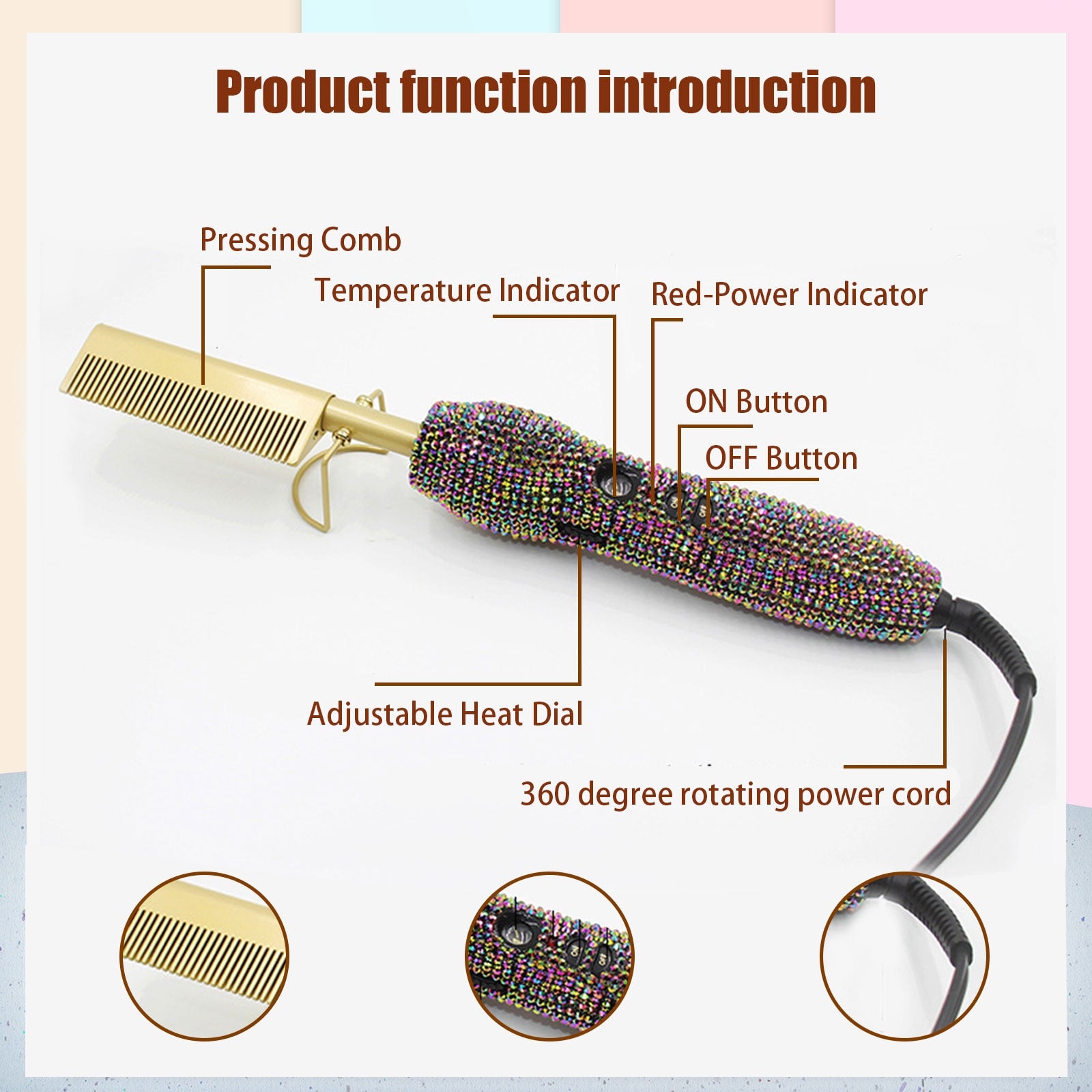 Hot Comb Rhinestone Hair Straightener Comb Flat Iron with 5 Temperature Settings for Home Salon Wet Dry Hair