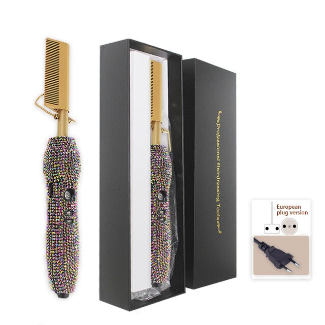 Hot Comb Rhinestone Hair Straightener Comb Flat Iron with 5 Temperature Settings for Home Salon Wet Dry Hair