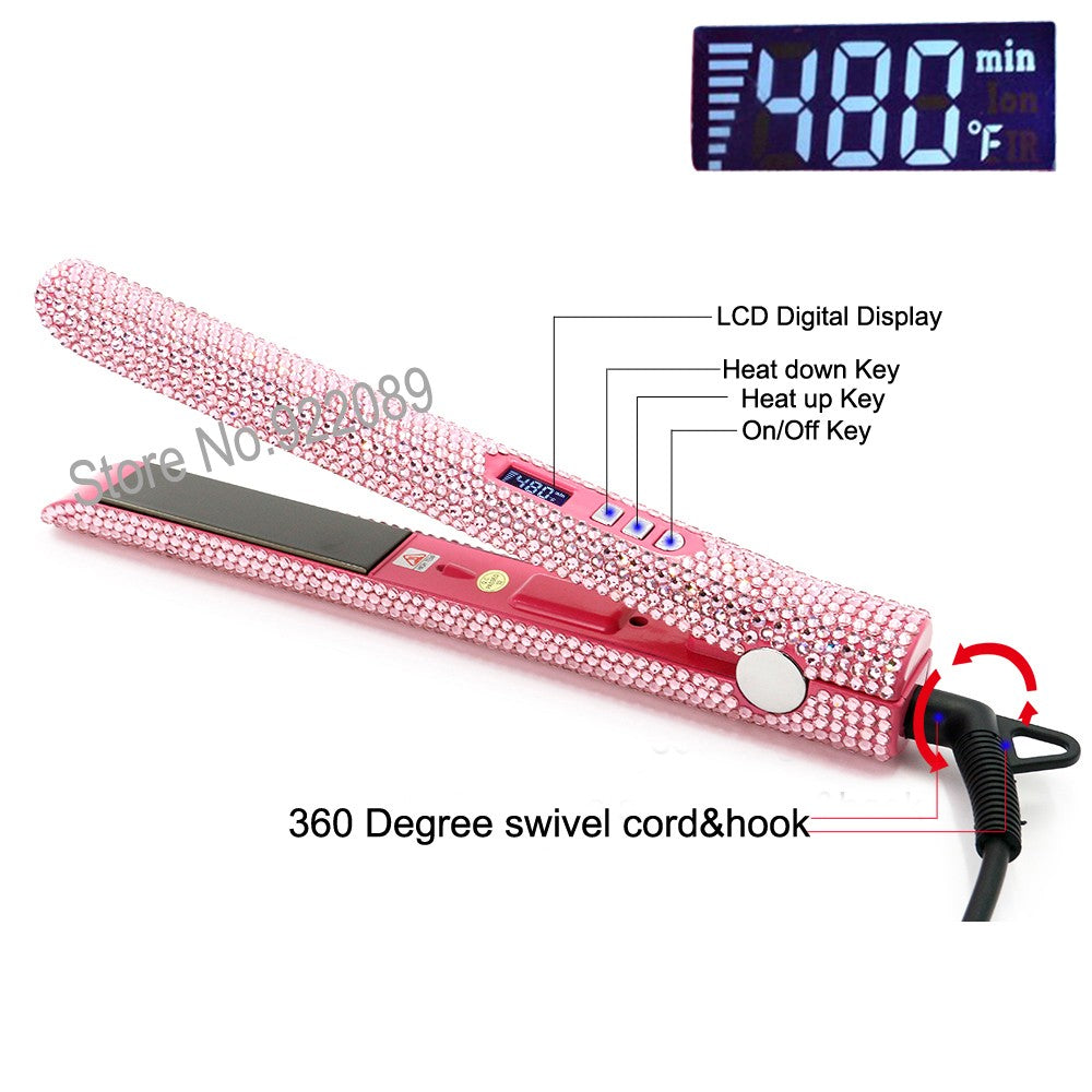 Crystal Hair Hot Tools Bling Bling Crystal Hair straightener Diamond Curling wands Hair Wig Brush Hair Boutique Pink Color