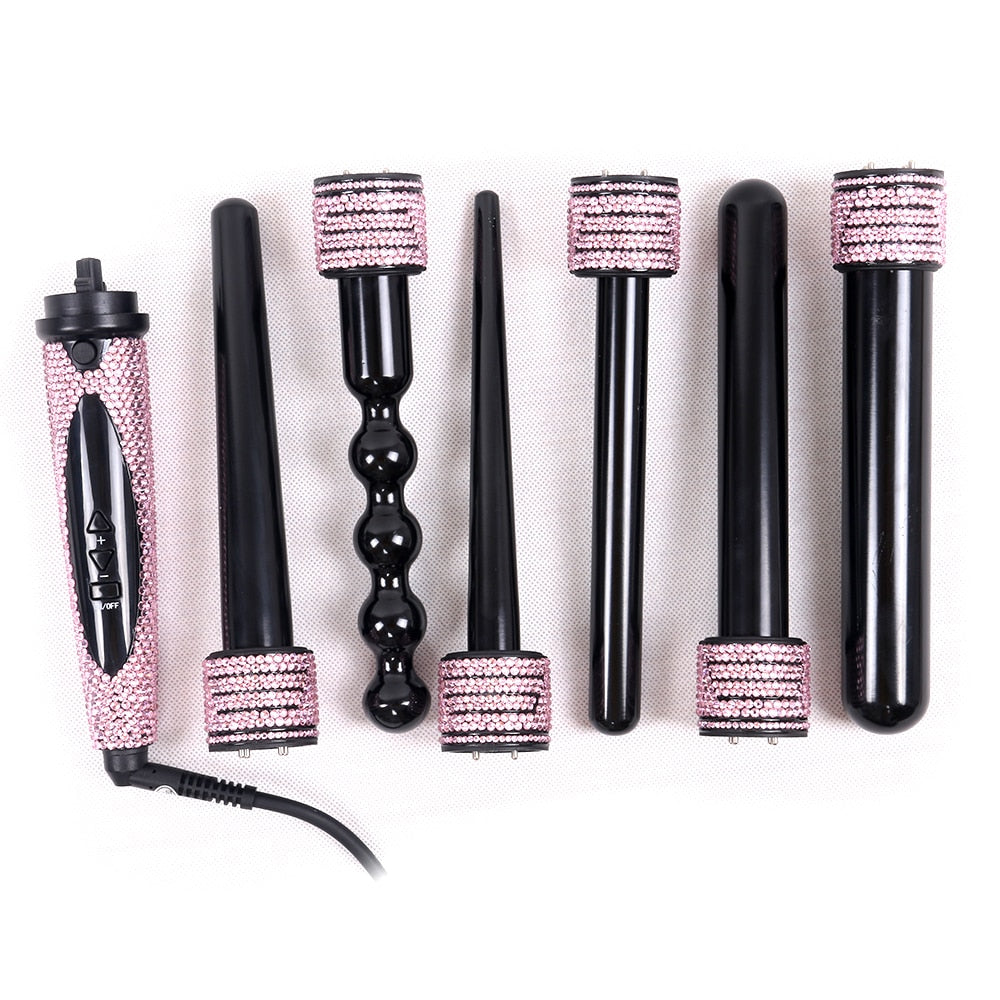 Crystal 6 IN 1 Hair Curling Iron Diamond Hair Curler Wand Set Ceramic 6 IN 1 Interchangeable Barrels Bling Hair Styling Hot Tool