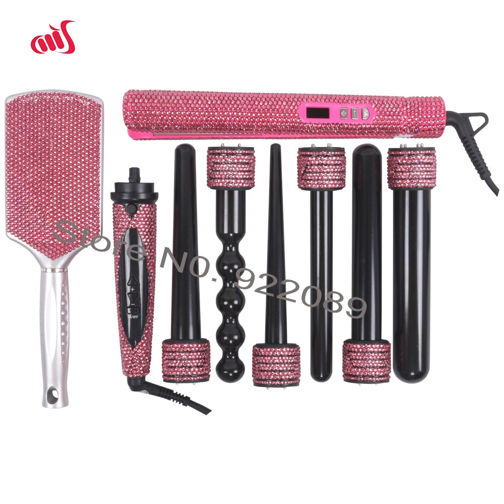 Crystal Hair Hot Tools Bling Bling Hot Pink Crystal Hair straightener Diamond Curling wands Kit Crystal Hair Brush Hair Boutique
