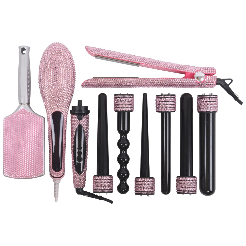 Crystal Hair Hot Tools Bling Bling Crystal Hair straightener Diamond Curling wands Hair Wig Brush Hair Boutique Pink Color