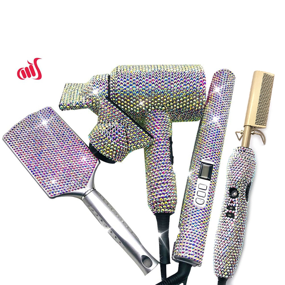 Crystal Hair Pressing Hot Comb  Crystal Hair Blow Dryer Diamond Curling wands Kit Crystal Hair Brush