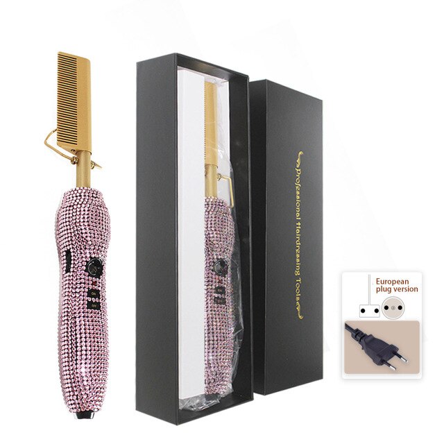 Hot Comb Rhinestone Hair Straightener Comb Flat Iron with 5 Temperature Settings for Home Salon Wet Dry Hair