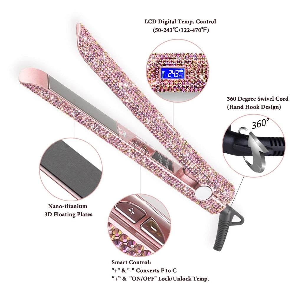 Hair Straightener Curler Bling Diamond Flat Iron Rhinestone Straightening Irons Professional High Heat 470℉ Salon Styling Tools