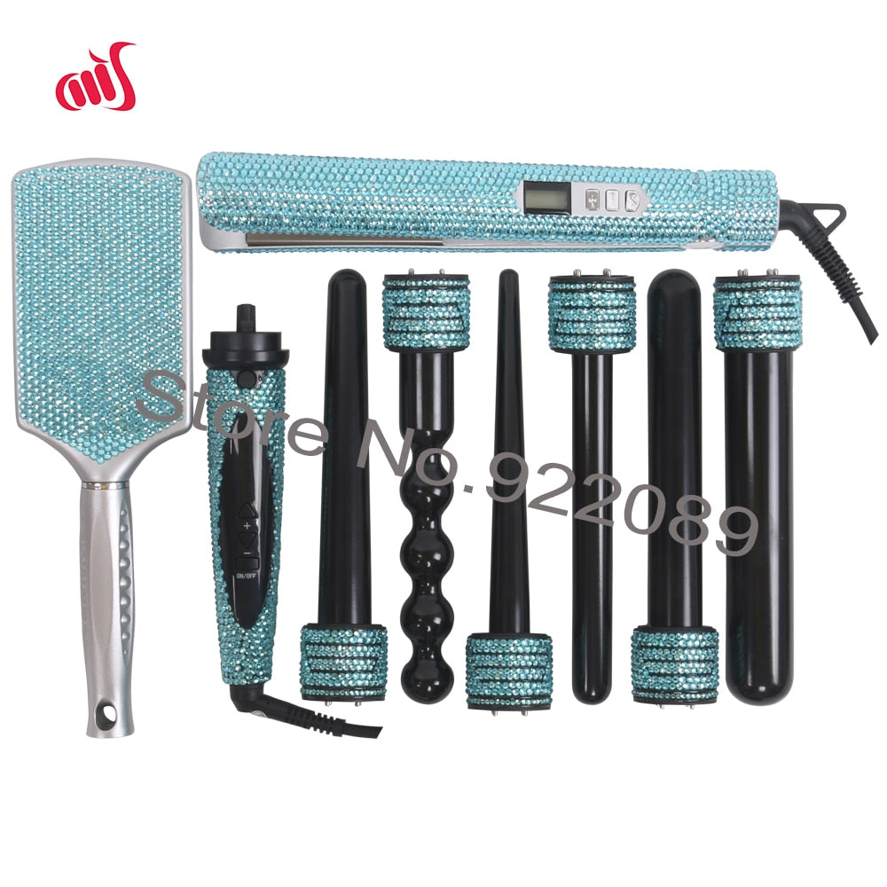 Crystalized Hair Hot Tools Set Bling Crystal Hair Curling Wands Kit Crystal Hair straightener Hair Wig Brush Hair Boutique
